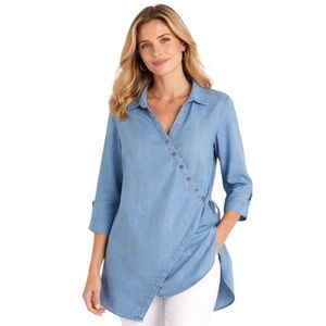 Soft Surroundings Chambray Tunic Medium Asymmetrical Buttons Wrap Top Lagenlook